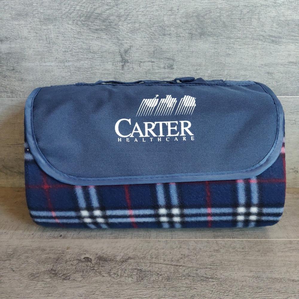 Plaid Roll-Up Carry Fleece Picnic Blanket Lined 44"x 50" Blue red white